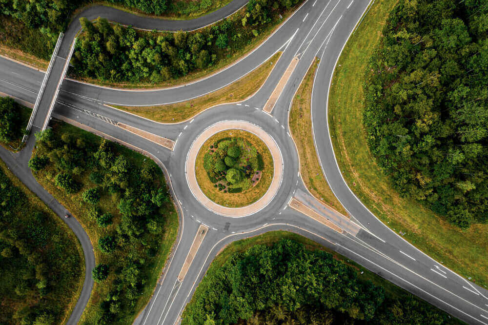 Aerial drone shot of an empty roundabout