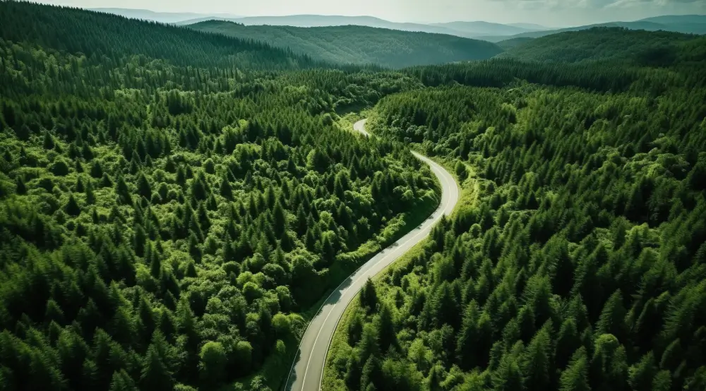 road winding through lush green mountains